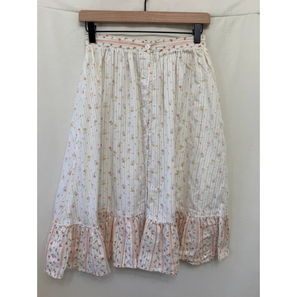 Vintage Floral Prairie Skirt Cottagecore Button Front Midi Ruffle Small
